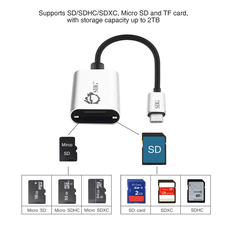 SIIG USB Type C 2-in-1 Card Reader for SD & Micro SD - Compact Aluminum Case - 5Gbps Data Transfer Rate - for MacBook Pro, Chromebook Pixel/Pixelbook, Samsung Galaxy S8, Other USB C Devices - Silver - Image 3